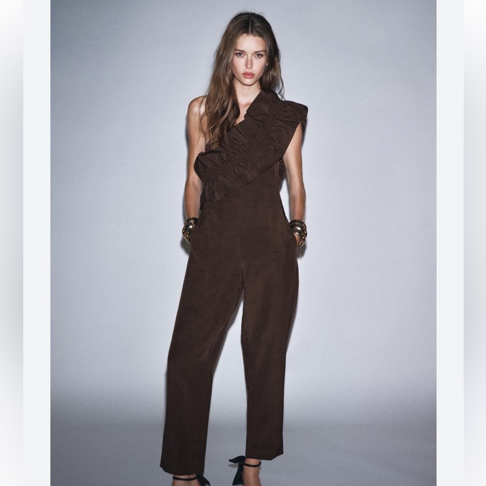 Zara NWT brown asymmetrical linen blend ruffle jumpsuit 8460/501